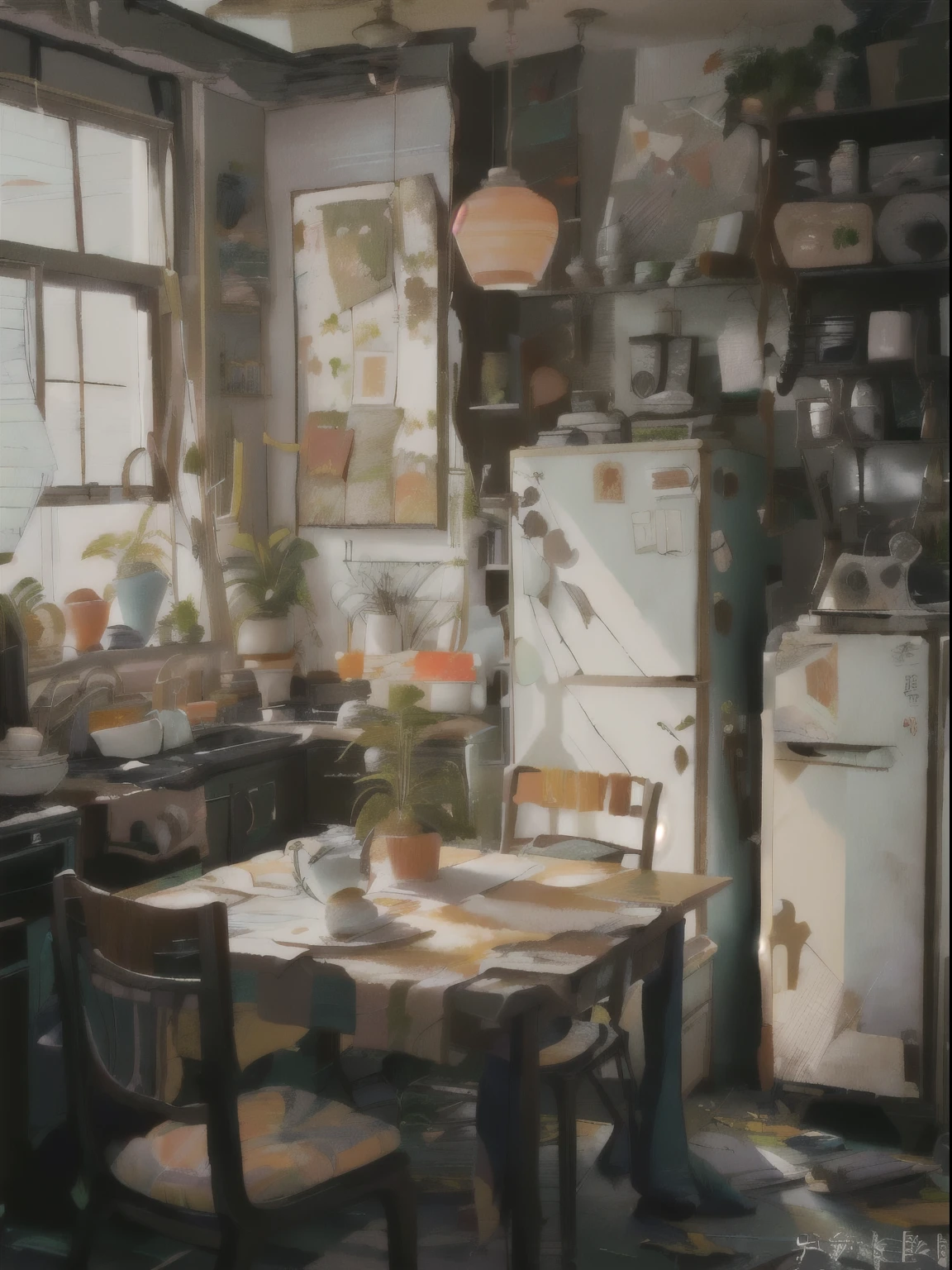 there is a table with a potted plant on it In the kitchen里, In a messy kitchen, Retro aesthetics, old kitchen backdrop, Country style hippie, Apartments for art students, House kitchen on a sunny day, 1970s kitchen, Messy minimalist interior, Old apartment, Kitchen Table, In the kitchen里, retro and romantic, In the kitchen