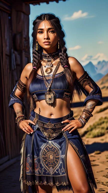 A high resolution ultra detailed realistic photo with a Native American woman, Native American woman with long legs and curvy figure, hairstyle wild braids, clothing is a mix of cyberpunk and  Native American style, Native American woman with full body pose dancing and looking towards the Camera, the clothes swing in the air, the background of the picture is at night in the steppe with mountains in the background, Clothing Maxi dress, Clothing maxi skirt, Clothing long maxi dress, large Native American tattoos, Kleidung in roter Farbe