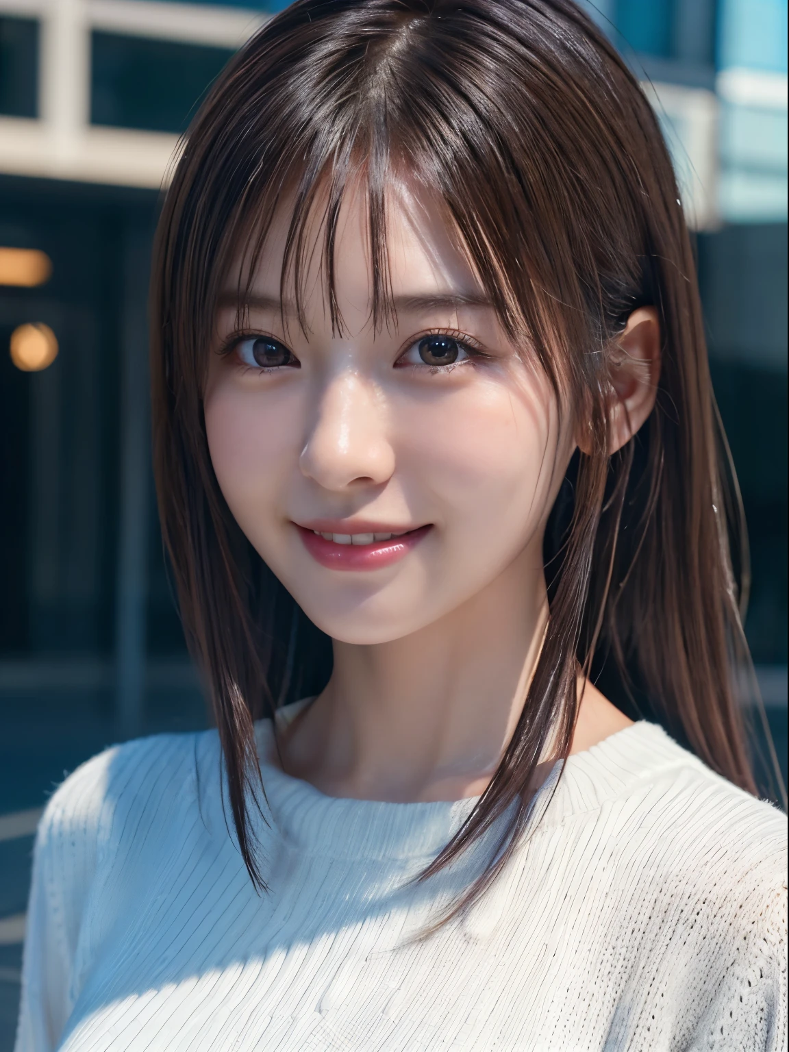 1 Japanese girl,(White sweater:1.4), (RAW Photos, highest quality), (Realistic, Realistic:1.4), Tabletop, Very delicate and beautiful, Very detailed, 8k wallpaper, wonderful, In detail, Very detailedなCG Unity, High resolution, Soft Light, Beautiful details 19 years old, Very detailedな目と顔, Beautiful and sophisticated nose, Beautiful details,Cinema Lighting,Perfect Anatomy,Slender body,smile  (Asymmetrical bangs,)