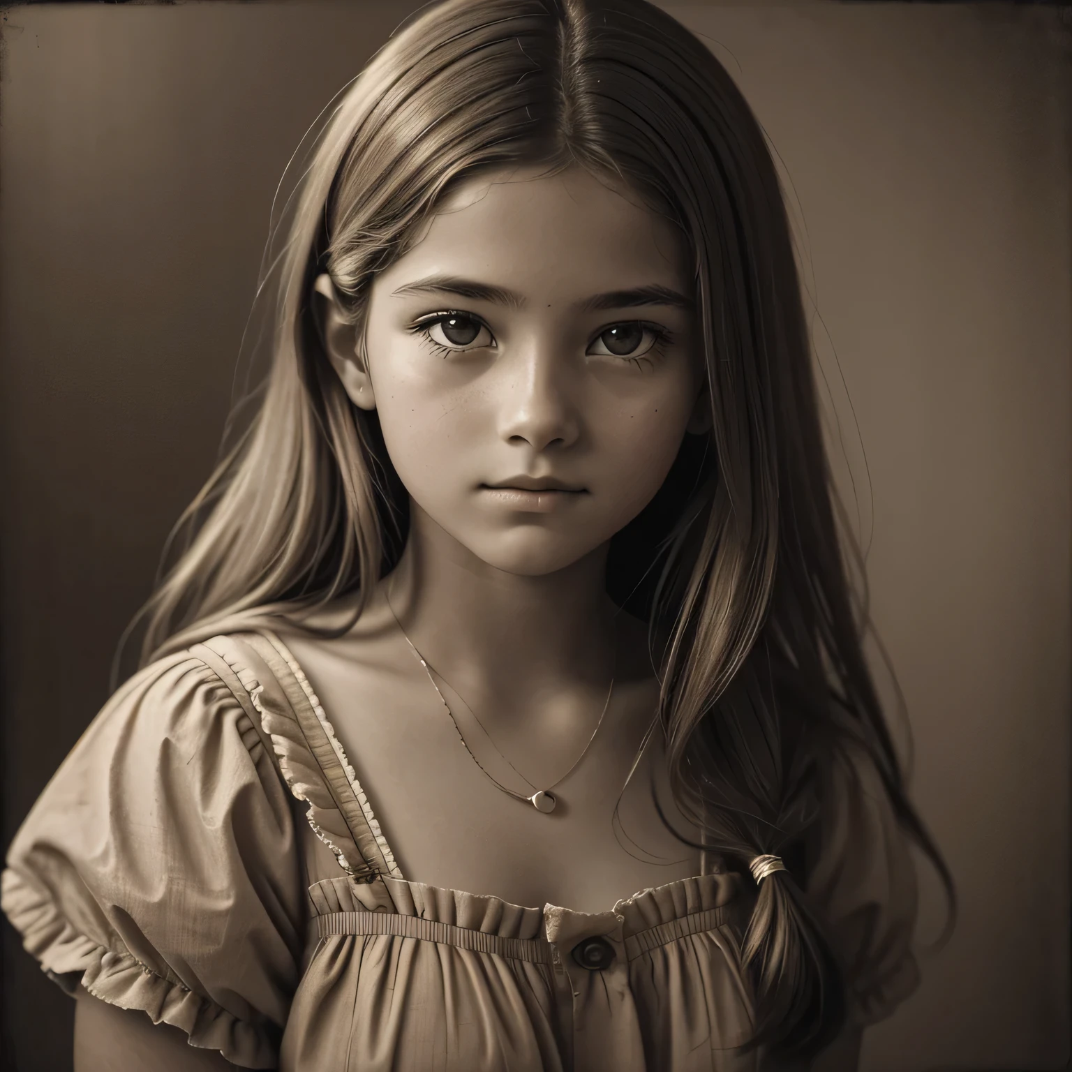 ((Retro sepia photo)), from front: 1.5, faded and blurred, discolored sepia: 1.2, (Portrait of a beautiful 12-year-old girl), ((front-on photo) Photo)), long hair, clear eyes, looking at the viewer, wearing a collarless blouse, a captivating artistic photo: 1.2, a portrait that evokes the emotion of beauty