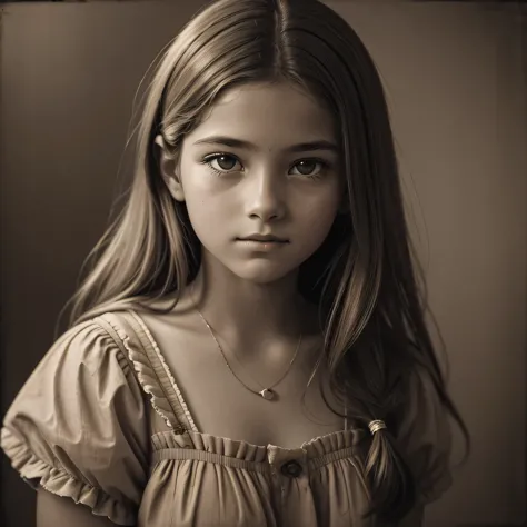 ((Retro sepia photo)), from front: 1.5, faded and blurred, discolored sepia: 1.2, (Portrait of a beautiful 12-year-old girl), ((...