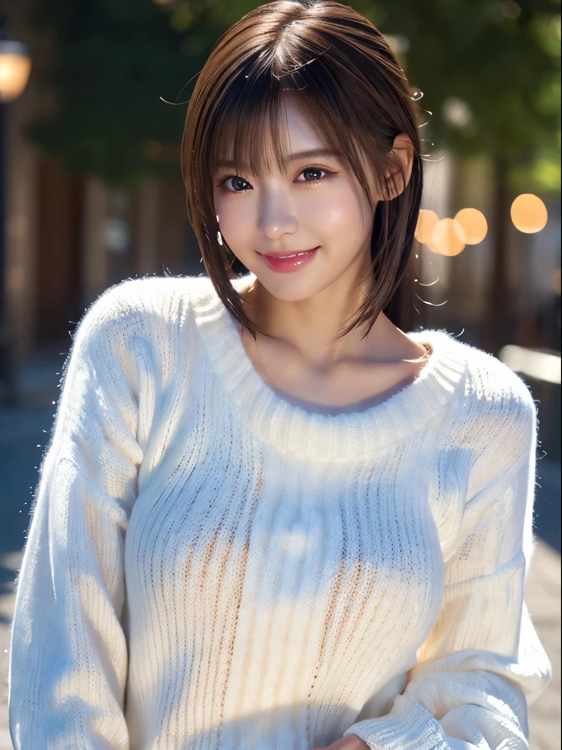 1 Japanese girl,(White sweater:1.4), (RAW Photos, highest quality), (Realistic, Realistic:1.4), Tabletop, Very delicate and beautiful, Very detailed, 8k wallpaper, wonderful, In detail, Very detailedなCG Unity, High resolution, Soft Light, Beautiful details 19 years old, Very detailedな目と顔, Beautiful and sophisticated nose, Beautiful details,Cinema Lighting,Perfect Anatomy,Slender body,smile  (Asymmetrical bangs,)