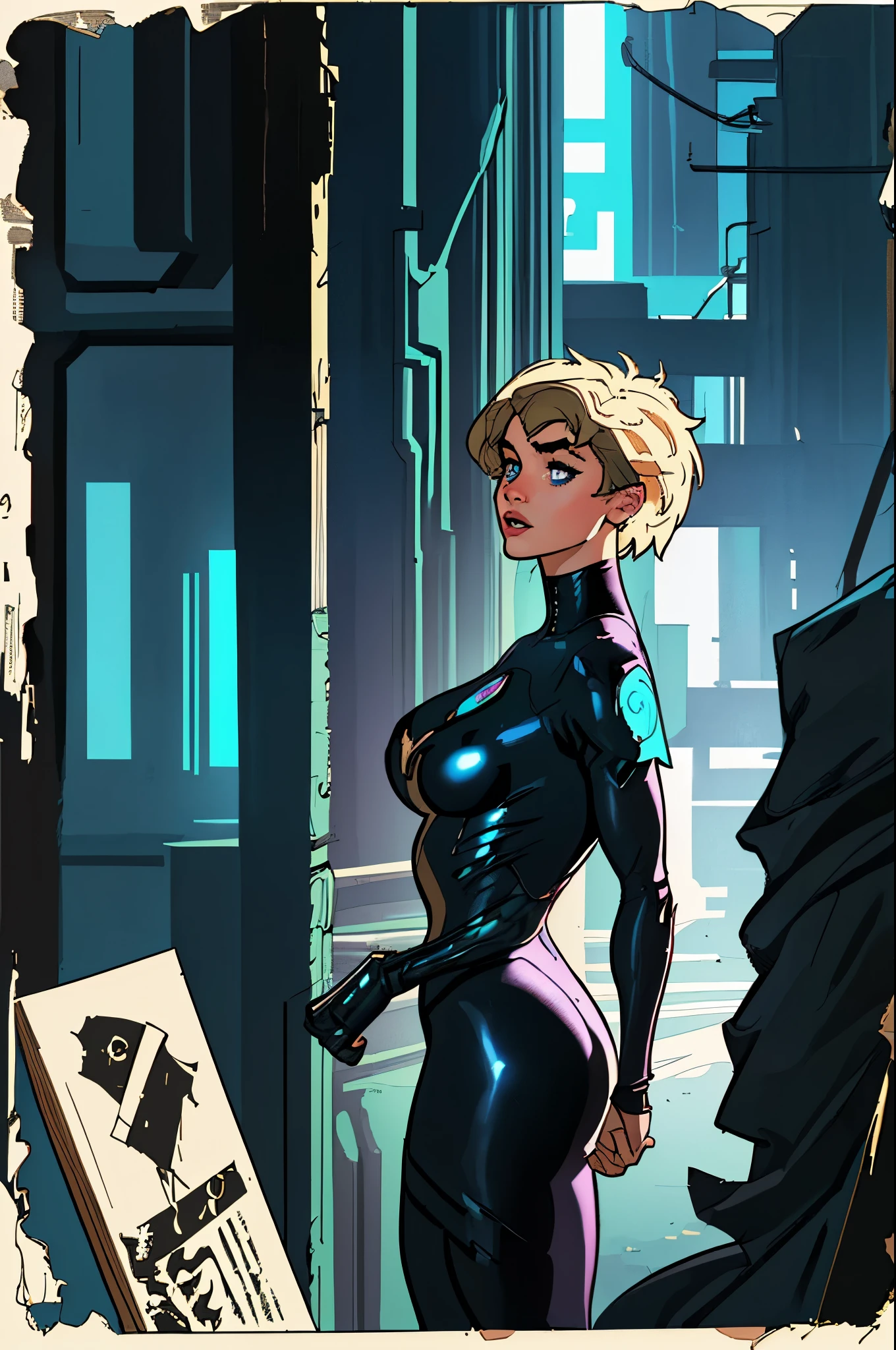 Stefania Ferrario, cyberpunk, yeux bleus séduisants, lèvres entrouvertes, corps parfait, courbée, cheveux blond, NSFW, dans le style d’Adam Hughes, (extrêmement détaillé, chef-d&#39;œuvre, Meilleure qualité, 8k ), (((Meilleure qualité))), (((chef-d&#39;œuvre))), (((adulte)))Meilleure qualité, chef-d&#39;œuvre, gros cul, grand , portant une armure de maillot de bain blanche et noire sexy et moderne \(Style\), regarder le spectateur, affiche \(Style\), tout le corps, (meilleure qualité, Oeuvre d&#39;art), coureur de lame, au sommet du bâtiment, Fond de nuit de grande ville