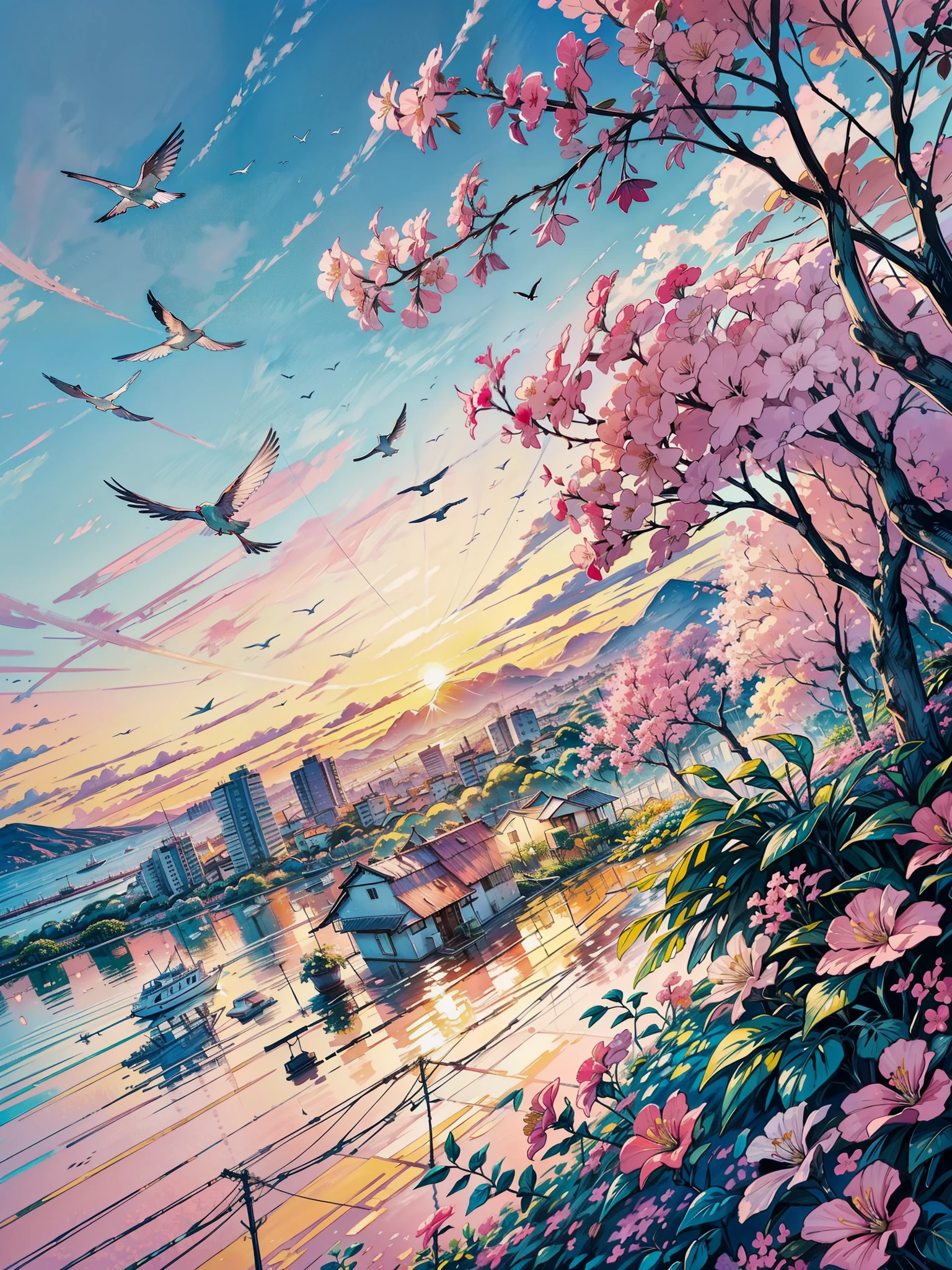 a painting of a flock of birds flying in the sky, bougainvillea, by Dave Arredondo, floral sunset, vibrant gouache painting scenery, calm and contented painting, by Sarah Gough Adamson, pastel palette silhouette, at gentle dawn pink light, floral splash painting, pink landscape, by Annabel Kidston, painting of a hummingbird