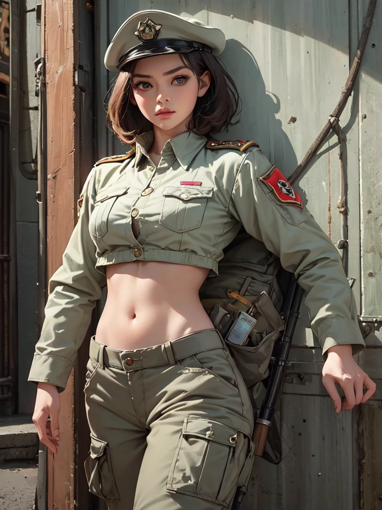 Women in crop top soldier uniform, soldier hat, military Shirt brooch,  exposed abdomen area, very low waist cargo pants, navel, 45 years-old, high ranking , standing, military standing , realistic, high quality 