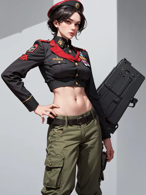 women in crop top soldier uniform, soldier hat, military shirt brooch,  exposed abdomen area, very low waist cargo pants, navel,...