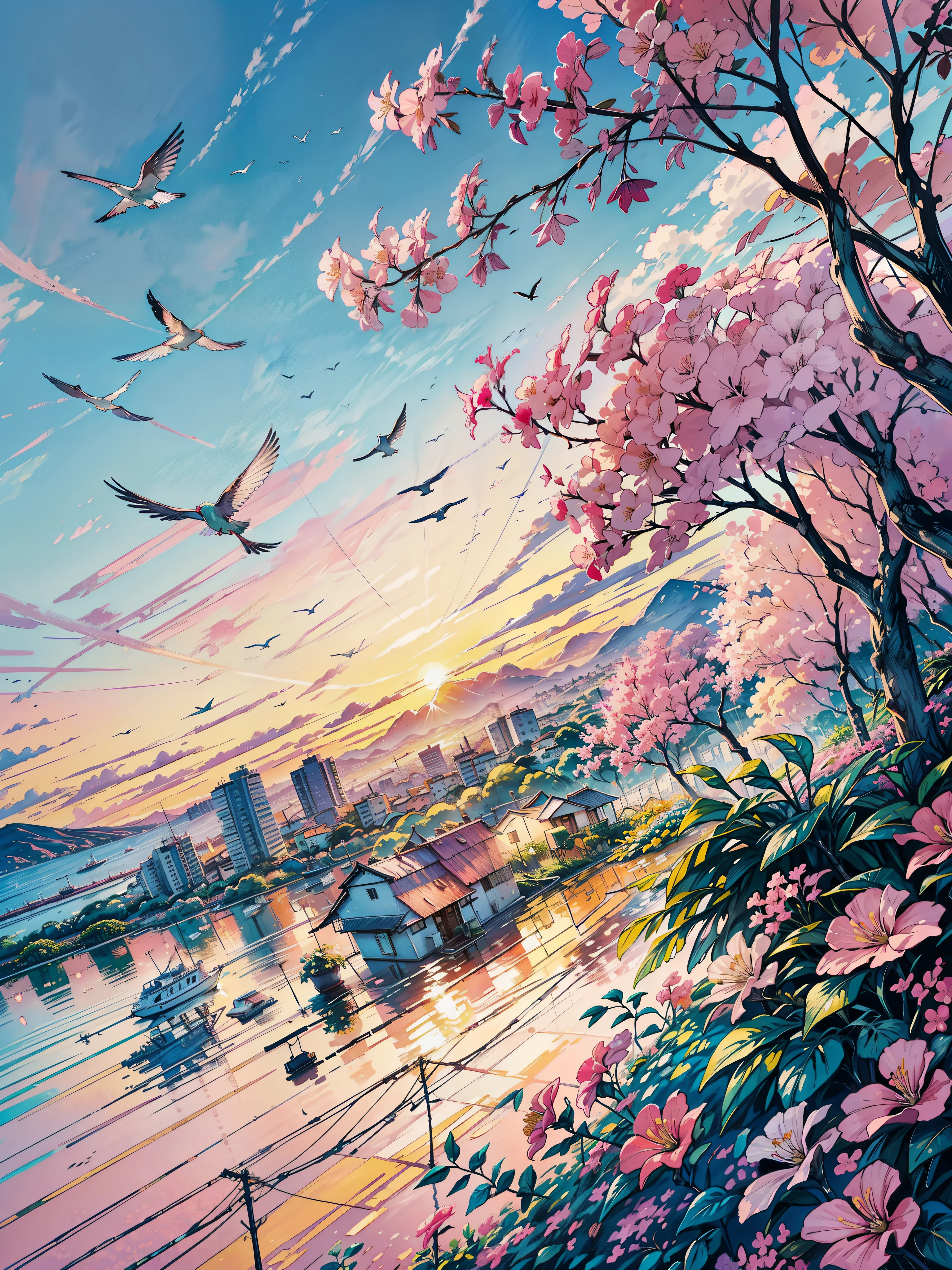 ein Gemälde von einer Vogelschar, die am Himmel fliegt, Bougainvillea, von Dave Arredondo, Blumensonnenuntergang, lebendige Gouache-Malerei-Landschaft, Ruhiges und zufriedenes Malen, von Sarah Gough Adamson, pastel palette silhouette, im sanften Morgengrauen rosa Licht, Blumenspritzermalerei, rosa landschaft, von Annabel Kidston, Gemälde eines Kolibris