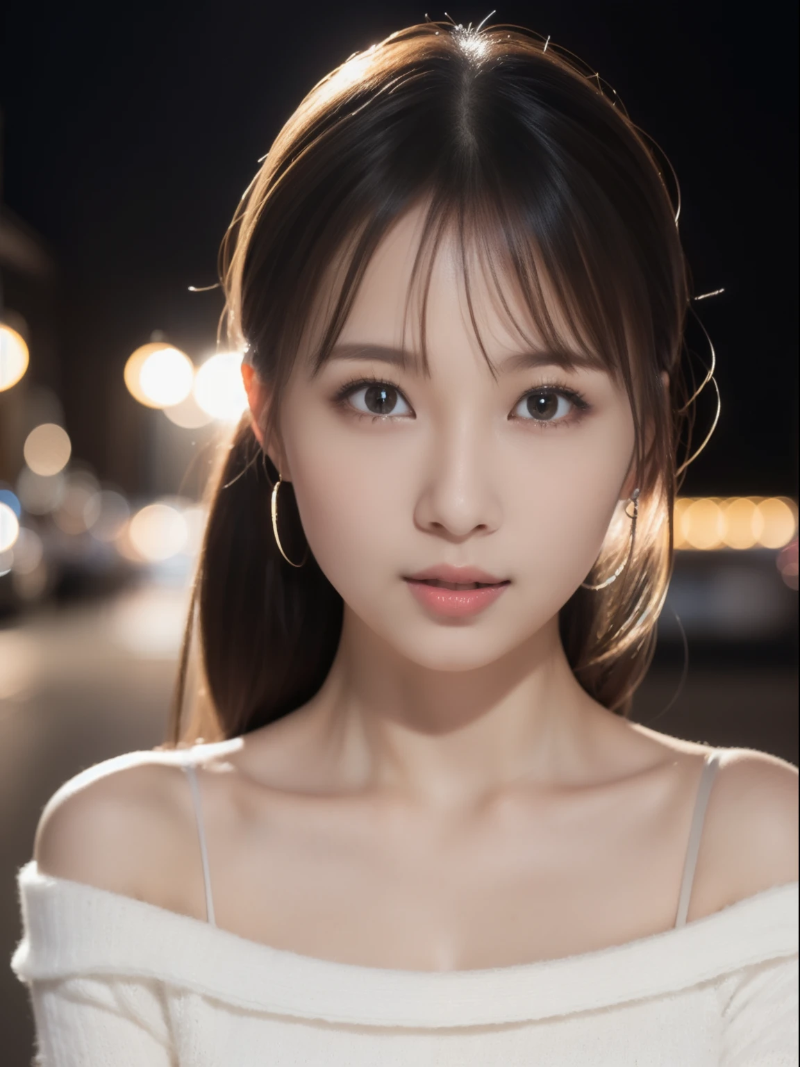 (8k、Original Photography、Top quality、masterpiece:1.2)、(Realist、Photorealistic:1.37)、Ultra Detailed、Ultra-high resolution、1 fair-skinned girl、Beautiful and delicate face、Night view、on the street、ponytail、knitted sweater、Bare shoulders、Clean weapons、(Glowing Earrings)