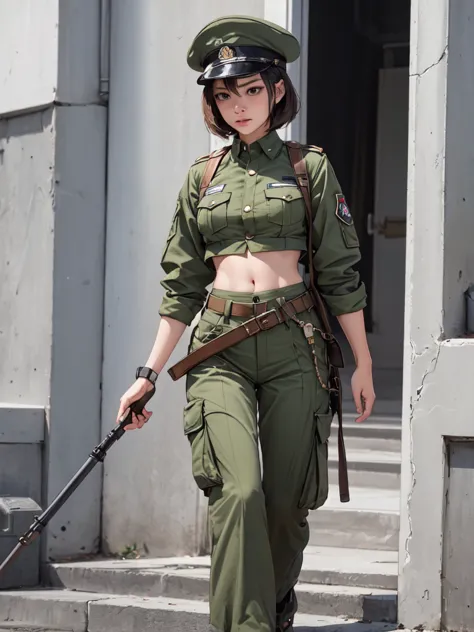 women in crop top soldier uniform, soldier hat, military shirt brooch,  exposed abdomen area, very low waist cargo pants, navel,...