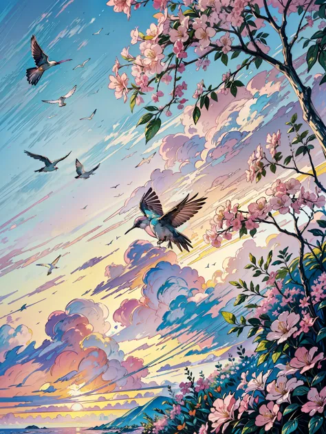 a painting of a flock of birds flying in the sky, bougainvillea, by Dave Arredondo, floral sunset, vibrant gouache painting scen...