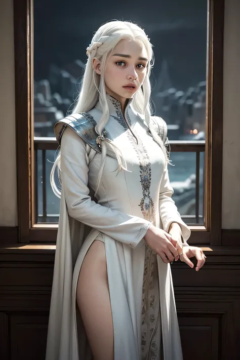 oil painting of (koh_emiliaclarke), (long hair:1.1), (standing in a balcony), (white tunic:1.1), perfect thighs, (game of throne...