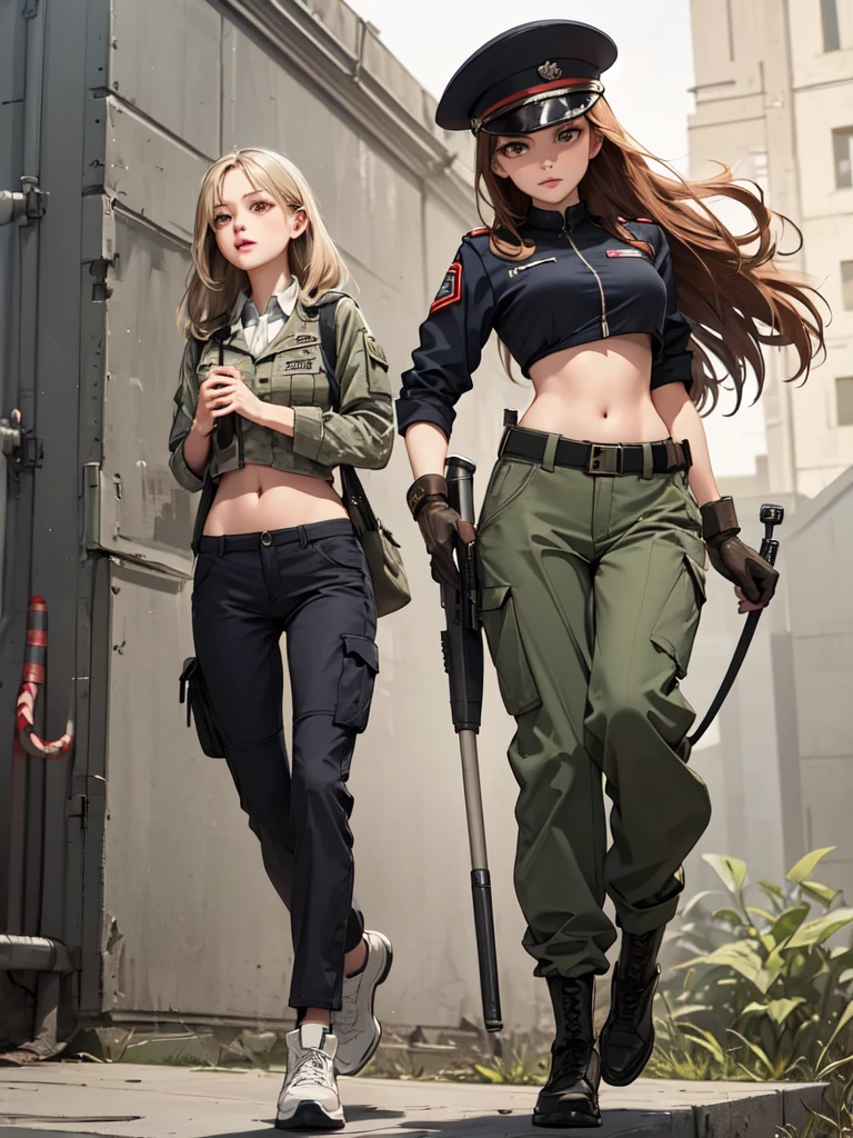 Women in crop top Army Instructor uniform, soldier hat, military Shirt brooch,  exposed abdomen area, very low waist cargo pants, holding a wand, 