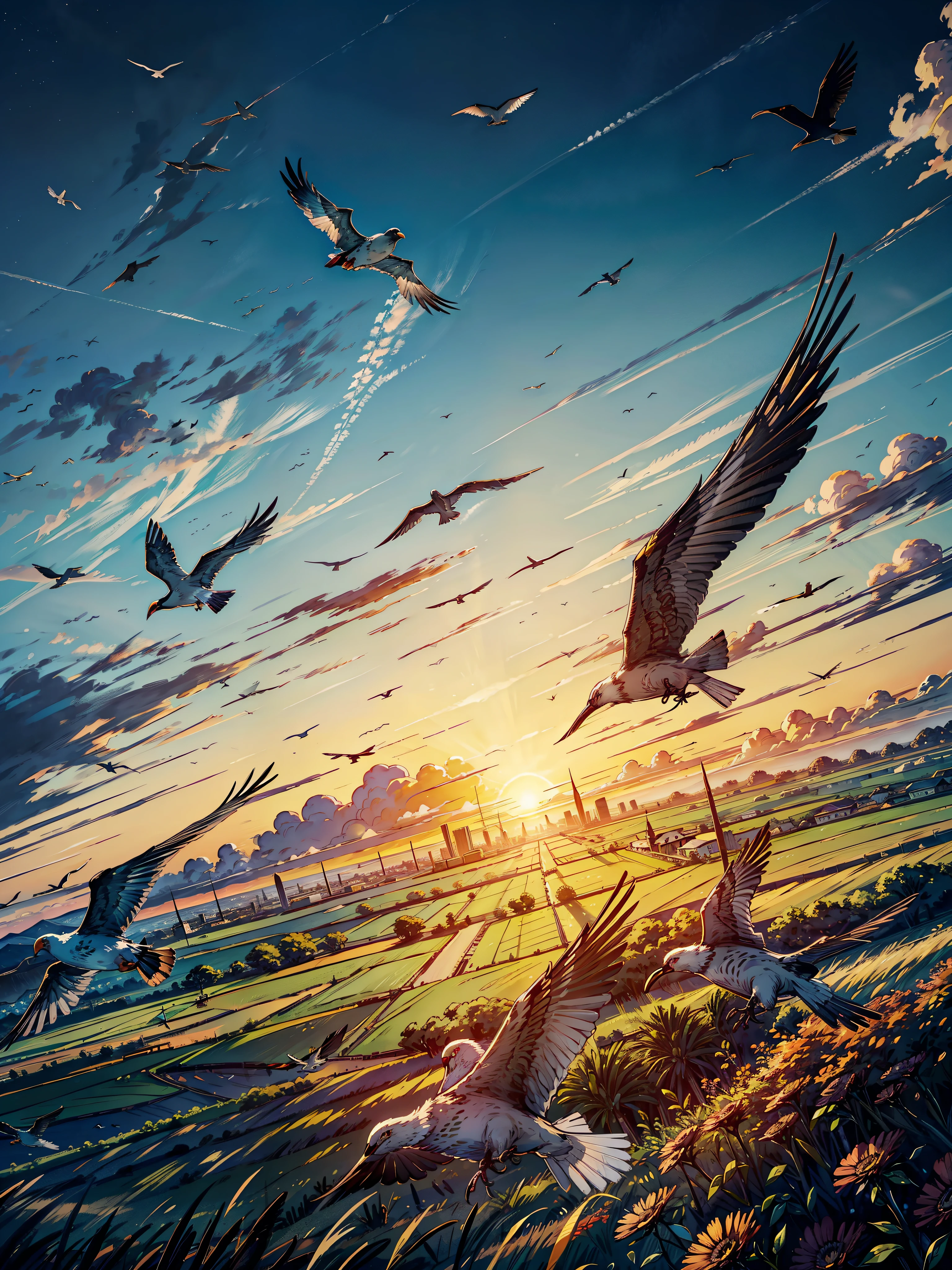 a painting of a flock of 날아가는 새들 over a field at sunset, 분위기 있는 꿈의 풍경 그림, 대기 그림, 하늘의 새들, 날아가는 새들 in the distance, 하늘의 새들, 새들 f cgsociety, 일출 배경, 날아가는 새들, 날아다니는 익룡, 날아가는 새들 in the sunlight, 테리 레드린, 신비로운 새들, 날아가는 새들 away, 새 떼