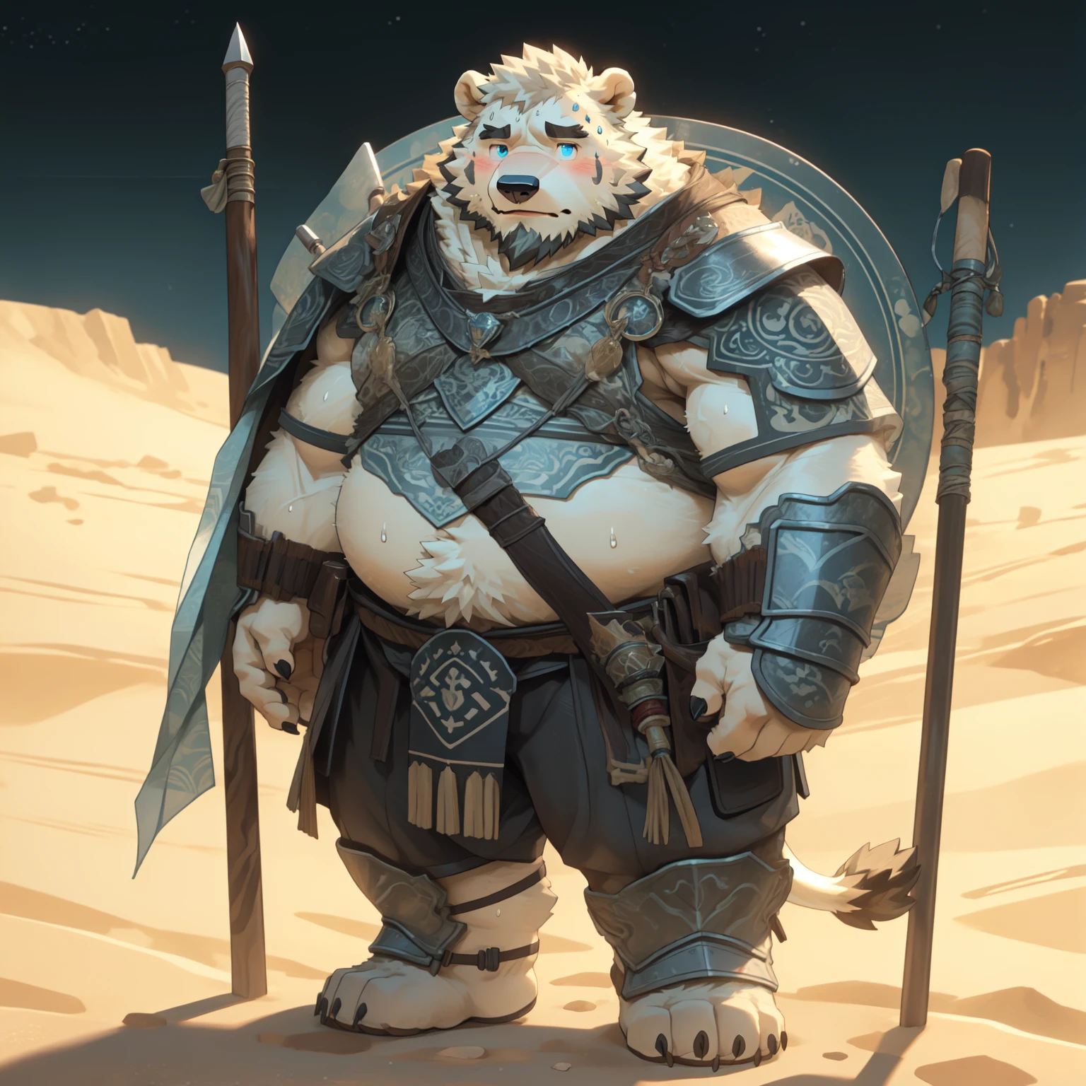 新泽西5hairy，polar bear，Exquisite，Rune tattoos, Warrior with huge shield and spear，Lion motif，full body armored，Full body image，desert，sweat， blush，Oily ，Solitary，Chubby，Fat，Thick arms，Rugged muscles，White plush fur，Chubby脸，Black eyebrows，Sky blue eyes，（Beard），Cover, high resolution, top quality, best quality, Beast field, hairy, best quality, detailed.