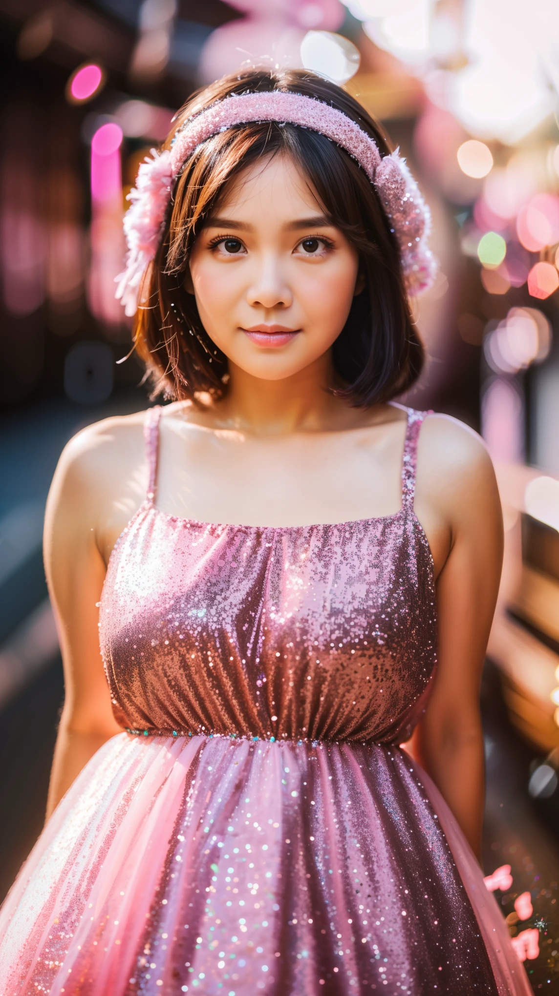 Perfect Beautiful Girl , Baby Face , She is Indonesian , Brown Skin , Brown Eye , Large Breast , Pink Dress , Glitter , Young 30 Years Old , Standing Girly , Pink Short Hair , HDR , Extreme Detailed , Cute Headband