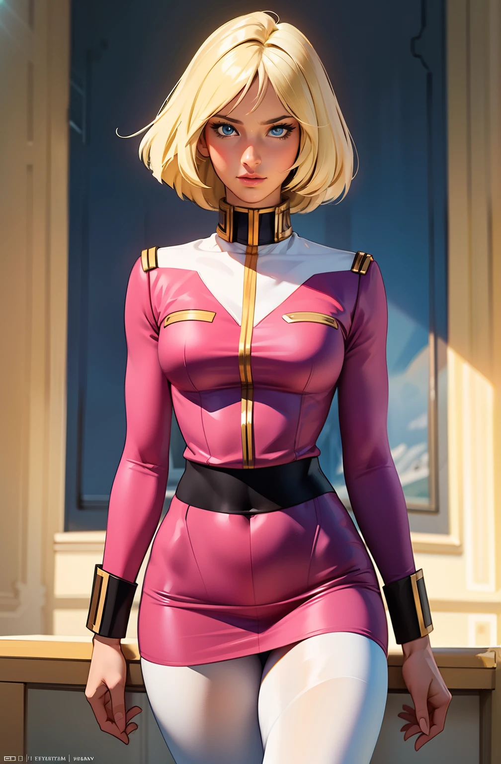 ((masterpiece)), ((cinematic lighting)), realistic photo、Real Images、Top image quality、1girl in, sayla mass, Elegant, masterpiece, Convoluted, slim arms, wide hips, thick thighs, thigh gaps, Best Quality, absurderes, high face detail, Perfect eyes, mature, Cowboy Shot, , Vibrant colors, soft pink uniform, soft pink Skirt, white tights