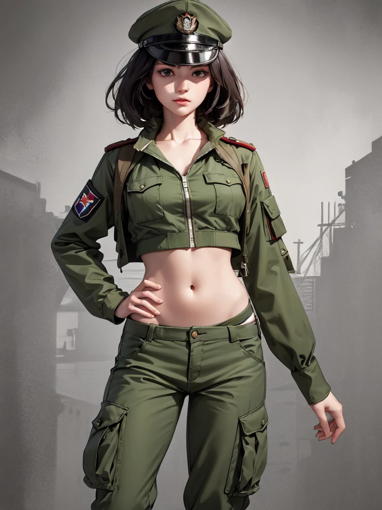 Women in crop top soldier uniform, soldier hat, military Shirt brooch,  exposed abdomen area, very low waist cargo pants, navel, 45 years-old, high ranking , standing, military standing , realistic, high quality 