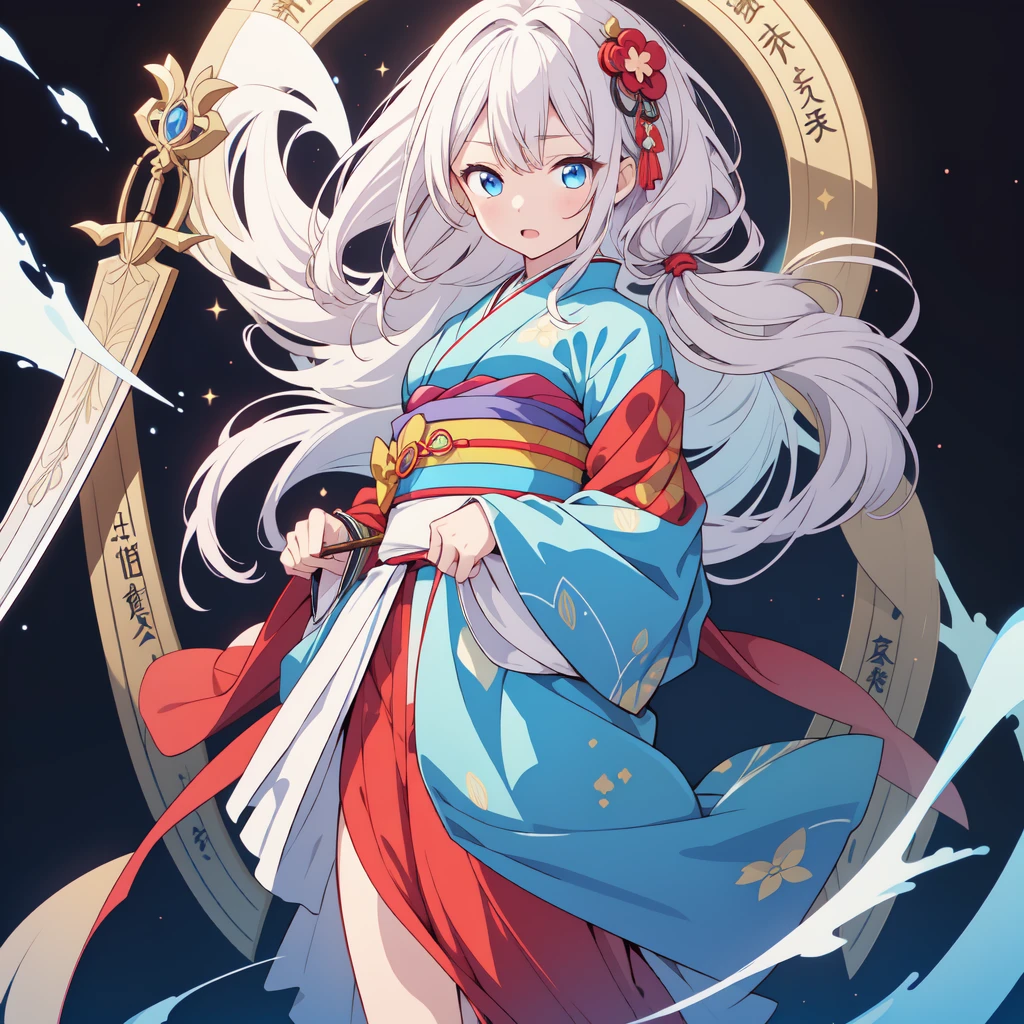 A girl in a kimono stands holding a jet black Japanese sword with a glittering tsuba、White medium hair、blue eyes、A kimono with a galaxy pattern on a blue background、White splashes on a black background、super high quality、Ultra-fine detail、Ultra-fine kimono patterns,family crest、Facing the viewer、