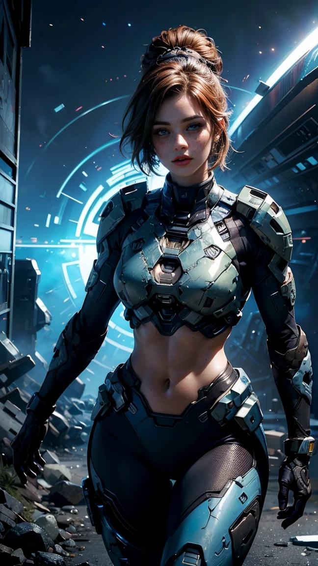 ((a beautiful girl Cortana from Halo, wears a sexy UNSC uniform), (short blue hair), with freckles, military pose, holographic body with neon tones, disheveled blue hair, cyber tattoos, It is on a luminous base, raytraced, wind, halo spacescape, (aesthetics and atmosphere:1.2), curious, innocent, bright Eyes，Wide plan, Whole body, cyber extremities. (raw photo, Best Quality), (realist, photo-realist:1.3), masterpiece, an extremely delicate and beautiful body, extremely detailed digital body, Best quality score, ultra dynamic punk militar pose, close up, high view, futuristic halo atmosphere, chopped angle