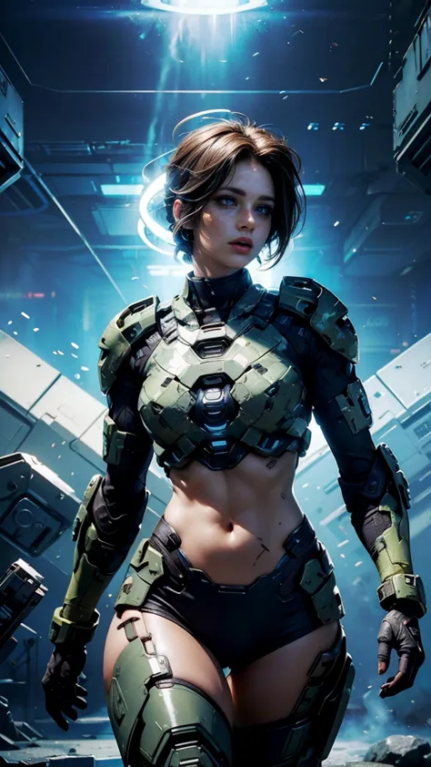 ((una hermosa chica Cortana de Halo, viste un uniforme sexy de la UNSC), (Cabello corto y azul), con pecas, pose militar, cuerpo...