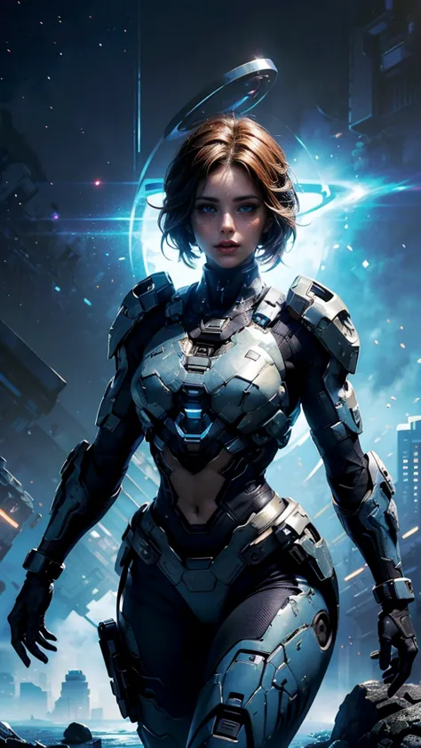 ((una hermosa chica cortana de halo, viste un uniforme sexy de la unsc), (cabello corto y azul), con pecas, pose militar, cuerpo...