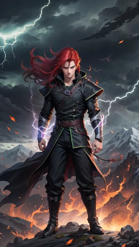 male ninja, highly detailed, masterpiece, best quality, correct hands, long red hair, long hair, correct eyes, green eyes, brigh...