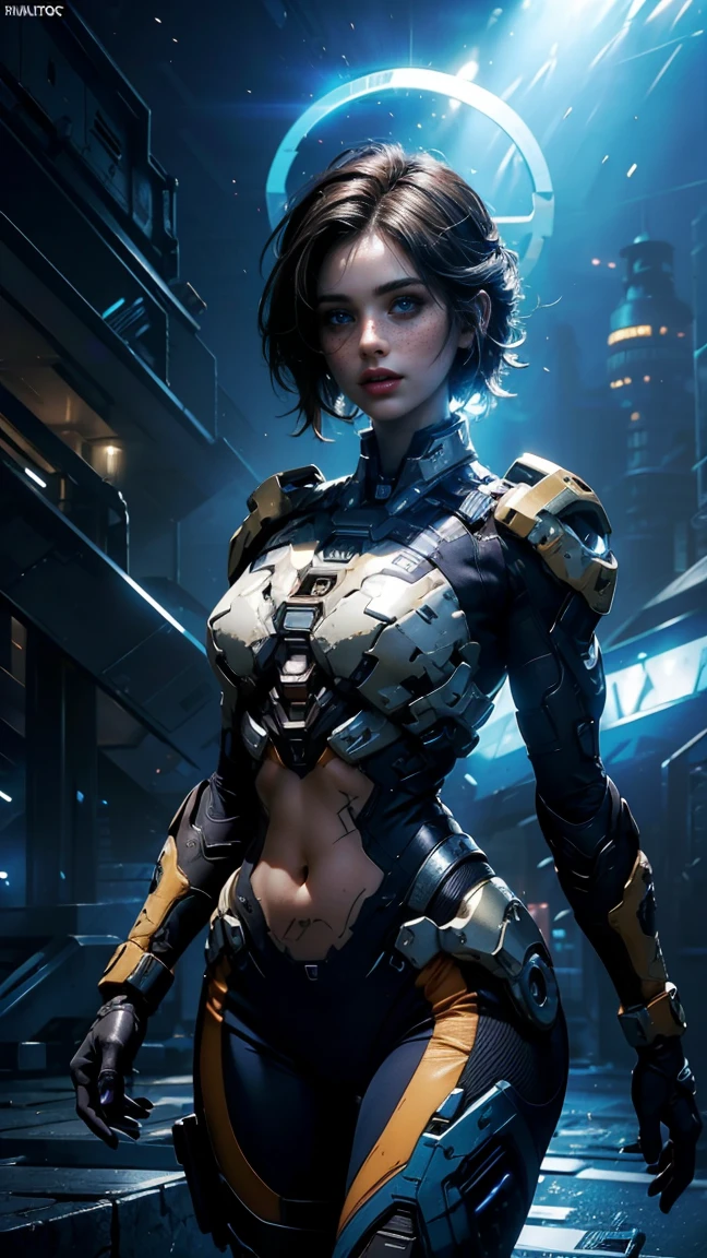 ((a beautiful girl Cortana from Halo, wears a sexy UNSC uniform), (short blue hair), with freckles, military pose, holographic body with neon tones, disheveled blue hair, cyber tattoos, It is on a luminous base, raytraced, wind, halo spacescape, (aesthetics and atmosphere:1.2), curious, innocent, bright Eyes，Wide plan, Whole body, cyber extremities. (raw photo, Best Quality), (realist, photo-realist:1.3), masterpiece, an extremely delicate and beautiful body, extremely detailed digital body, Best quality score, ultra dynamic punk militar pose, close up, high view, futuristic halo atmosphere, chopped angle