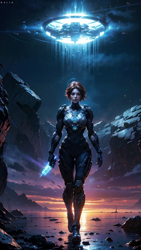((una hermosa chica Cortana de Halo, viste un uniforme sexy de la UNSC), (Cabello corto y azul), con pecas, pose militar, cuerpo...