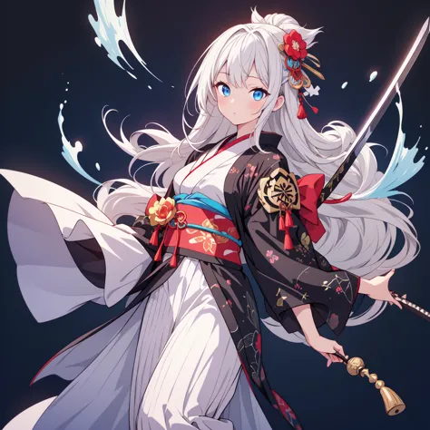 A girl in a kimono stands holding a jet black Japanese sword with a glittering tsuba、White medium hair、blue eyes、A kimono with a...
