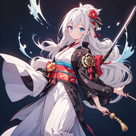 a girl in a kimono stands holding a jet black japanese sword with a glittering tsuba、white medium hair、blue eyes、a kimono with a...