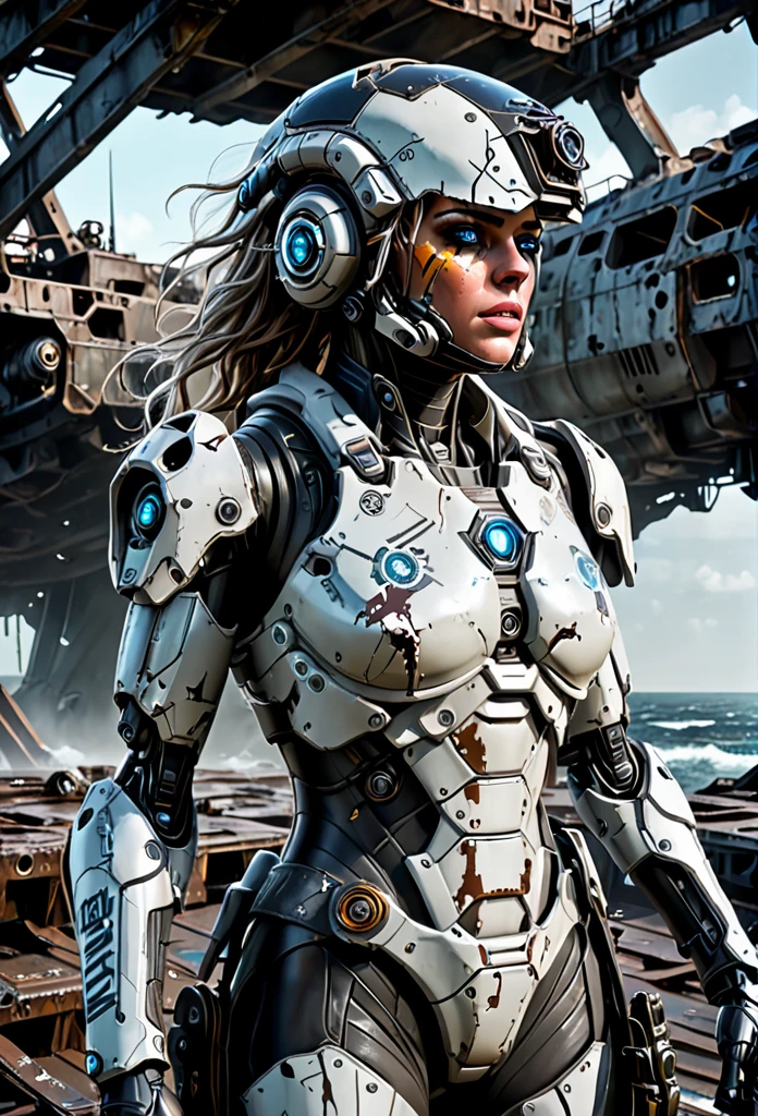 A stranded female Cyborg Soldier in an abandoned Battle Starship Shipwreck, dystopian futuristic scene, realistic style in Don Lawrence brush stroke, oil on canvas, octane render with dramatic lighting and strong shadows, her clothing is tattered and worn out, she has a scar or battle wound, she is wearing a futuristic helmet or visor, she has mechanical enhancements like cybernetic eyes, the shipwreck environment feels eerie and desolate, there is some broken machinery or equipment around her, and her expression is determined and battle-worn