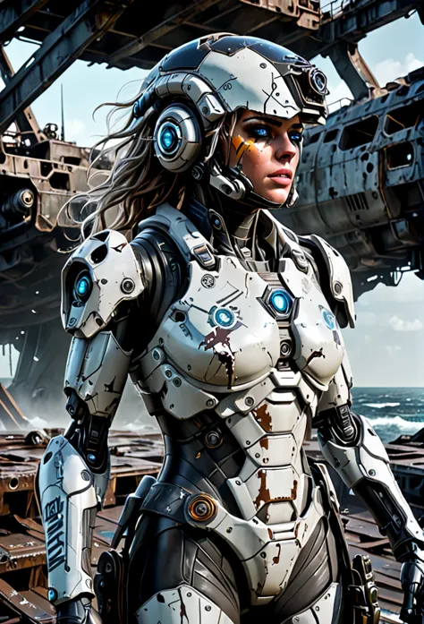 A stranded female Cyborg Soldier in an abandoned Battle Starship Shipwreck, dystopian futuristic scene, realistic style in Don L...