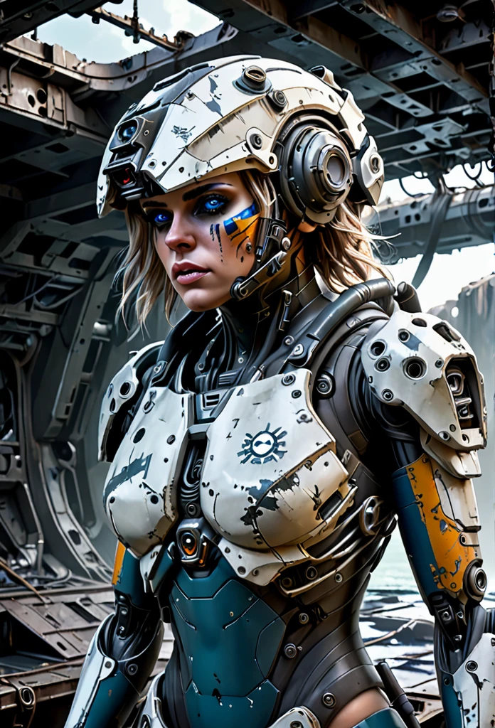 A stranded female Cyborg Soldier in an abandoned Battle Starship Shipwreck, dystopian futuristic scene, realistic style in Don Lawrence brush stroke, oil on canvas, octane render with dramatic lighting and strong shadows, her clothing is tattered and worn out, she has a scar or battle wound, she is wearing a futuristic helmet or visor, she has mechanical enhancements like cybernetic eyes, the shipwreck environment feels eerie and desolate, there is some broken machinery or equipment around her, and her expression is determined and battle-worn