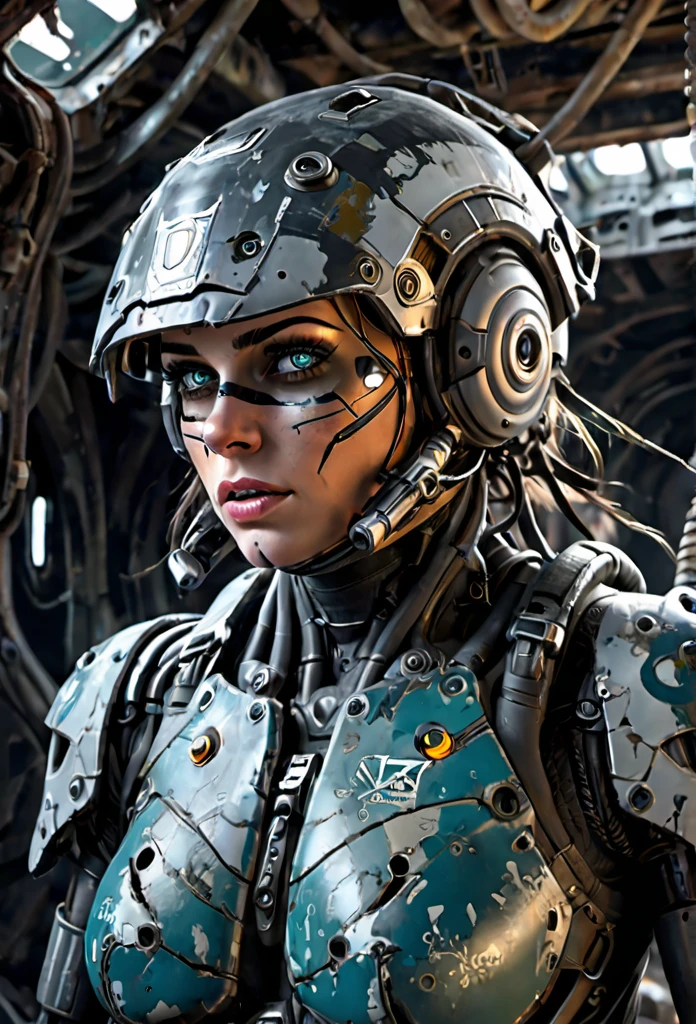 A stranded female Cyborg Soldier in an abandoned Battle Starship Shipwreck, dystopian futuristic scene, realistic style in Don Lawrence brush stroke, oil on canvas, octane render with dramatic lighting and strong shadows, her clothing is tattered and worn out, she has a scar or battle wound, she is wearing a futuristic helmet or visor, she has mechanical enhancements like cybernetic eyes, the shipwreck environment feels eerie and desolate, there is some broken machinery or equipment around her, and her expression is determined and battle-worn