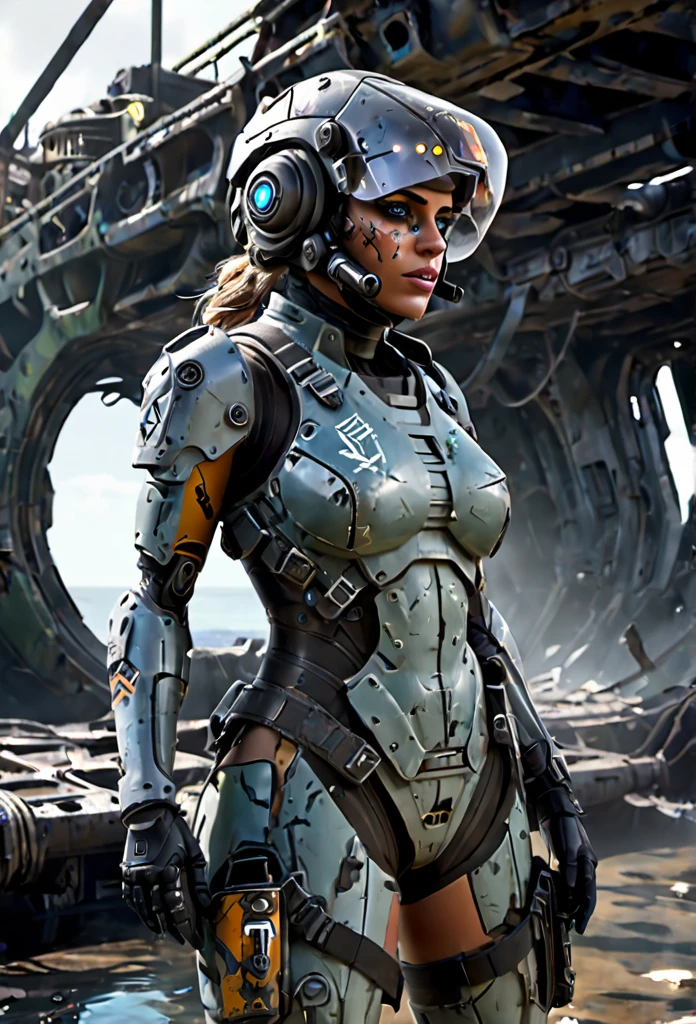 A stranded female Cyborg Soldier in an abandoned Battle Starship Shipwreck, dystopian futuristic scene, realistic style in Don Lawrence brush stroke, oil on canvas, octane render with dramatic lighting and strong shadows, her clothing is tattered and worn out, she has a scar or battle wound, she is wearing a futuristic helmet or visor, she has mechanical enhancements like cybernetic eyes, the shipwreck environment feels eerie and desolate, there is some broken machinery or equipment around her, and her expression is determined and battle-worn