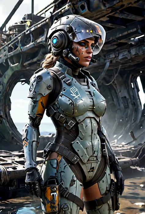 A stranded female Cyborg Soldier in an abandoned Battle Starship Shipwreck, dystopian futuristic scene, realistic style in Don L...