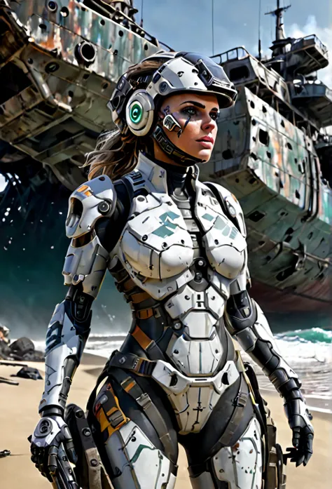 A stranded female Cyborg Soldier in an abandoned Battle Starship Shipwreck, dystopian futuristic scene, realistic style in Don L...