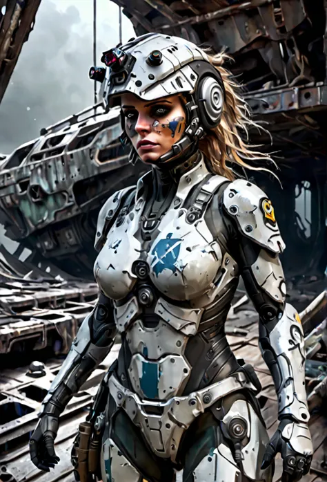 a stranded female cyborg soldier in an abandoned battle starship shipwreck, dystopian futuristic scene, realistic style in don l...