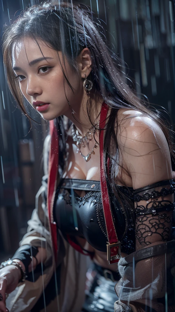 (RAW shooting, Realistic:1.5, 8k, highest quality, masterpiece, Ultra-high resolution), night, Expressions of sadness:0.7, (Typhoon heavy rain), Highly detailed skin and facial textures:1.3, Perfect dynamic composition:1.0, A slim high school girl wet with rain:0.5, Very beautiful face, Perfect Style, beautifully、beautiful, Fair skin, Sexy beauty, (The rain drips down on my body:1.0, Wet Hair:1.0, Wet casual clothes:1.0), Water droplets on the skin, Shapely breasts, Chest gap, A shy smile, Her expression when she felt intense caresses, Facial expressions when feeling happy, (Beautiful erotic eyes, Sexy lips), attractive, necklace, Earrings, bracelet, ribbon, Too erotic, Cowboy Shot