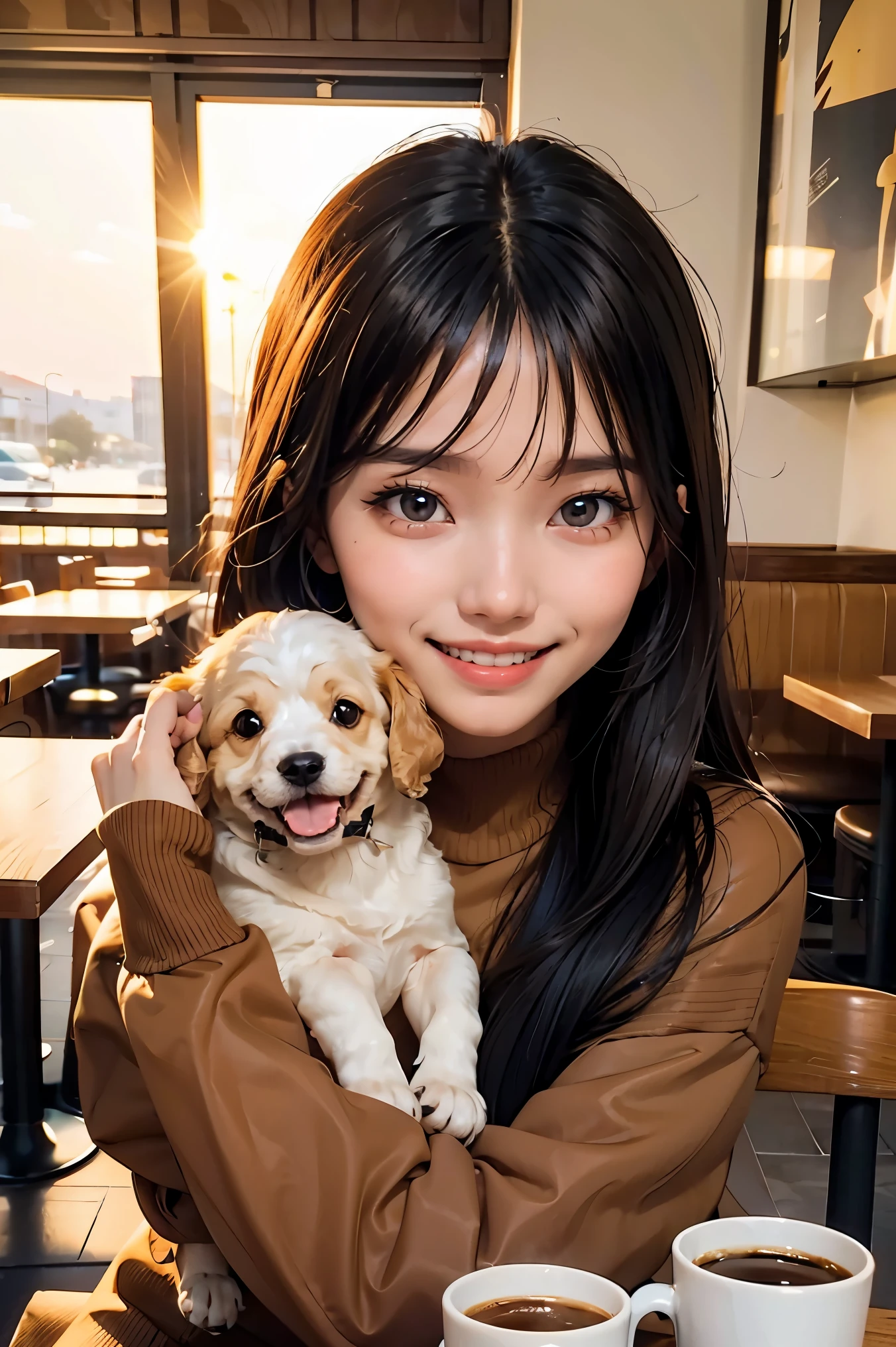 Cute black long straight hair brown eyes round face girl wearing brown sweater sitting in café drinking coffee, sunset, toothy smile without bangs, holding a poodle puppy in her arms