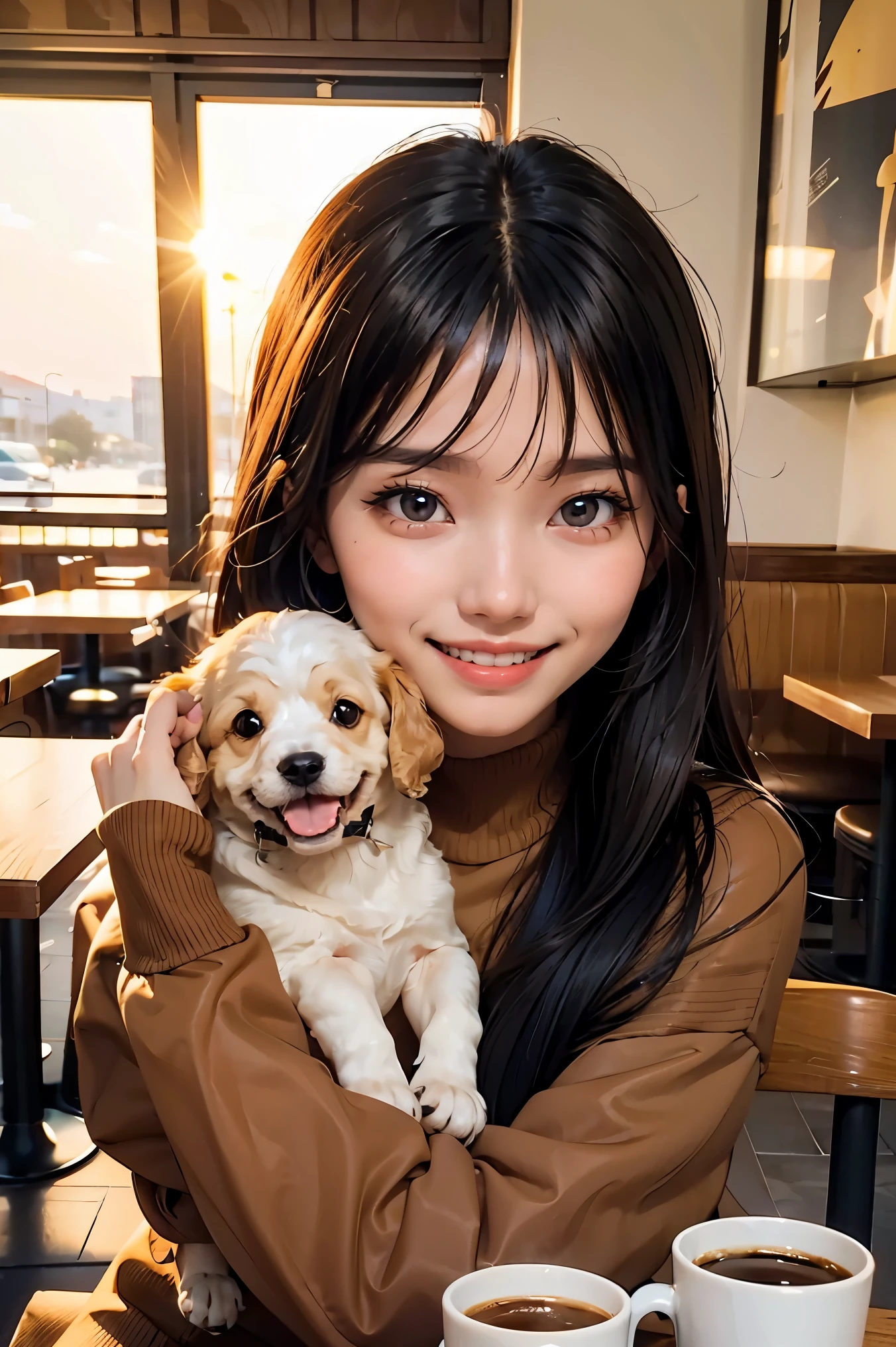 Cabelo preto longo e liso, olhos castanhos, rosto redondo, garota vestindo suéter marrom, sentada no café tomando café, pôr do sol, sorriso dentuço sem franja, segurando um cachorrinho poodle nos braços