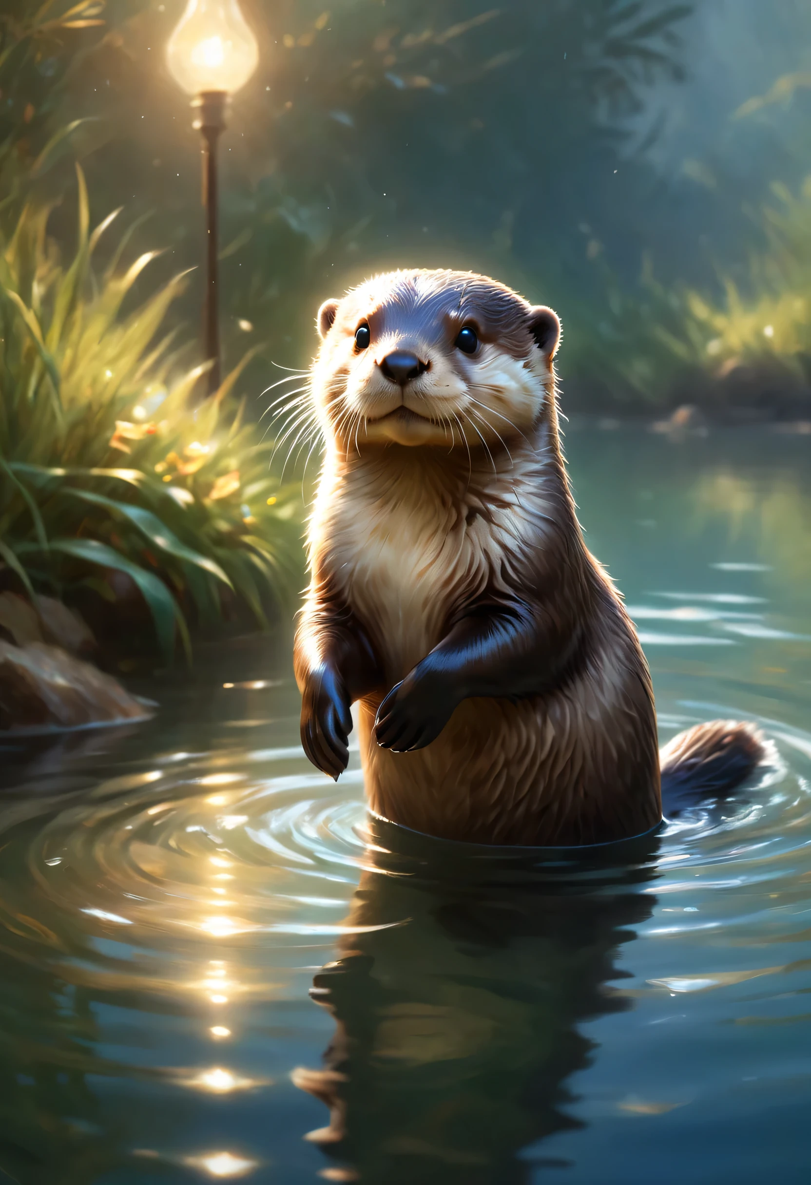 A cute otter greets the viewer, Pierre＝Art by Auguste Renoir and Jeremy Mann, (Viewpoint angle:1.2), Realistic, Ray Tracing, Beautiful lighting,masterpiece,river,Jump,Otter dancing for joy,smile,Raise your hand,Splash,Sparkling,reflection