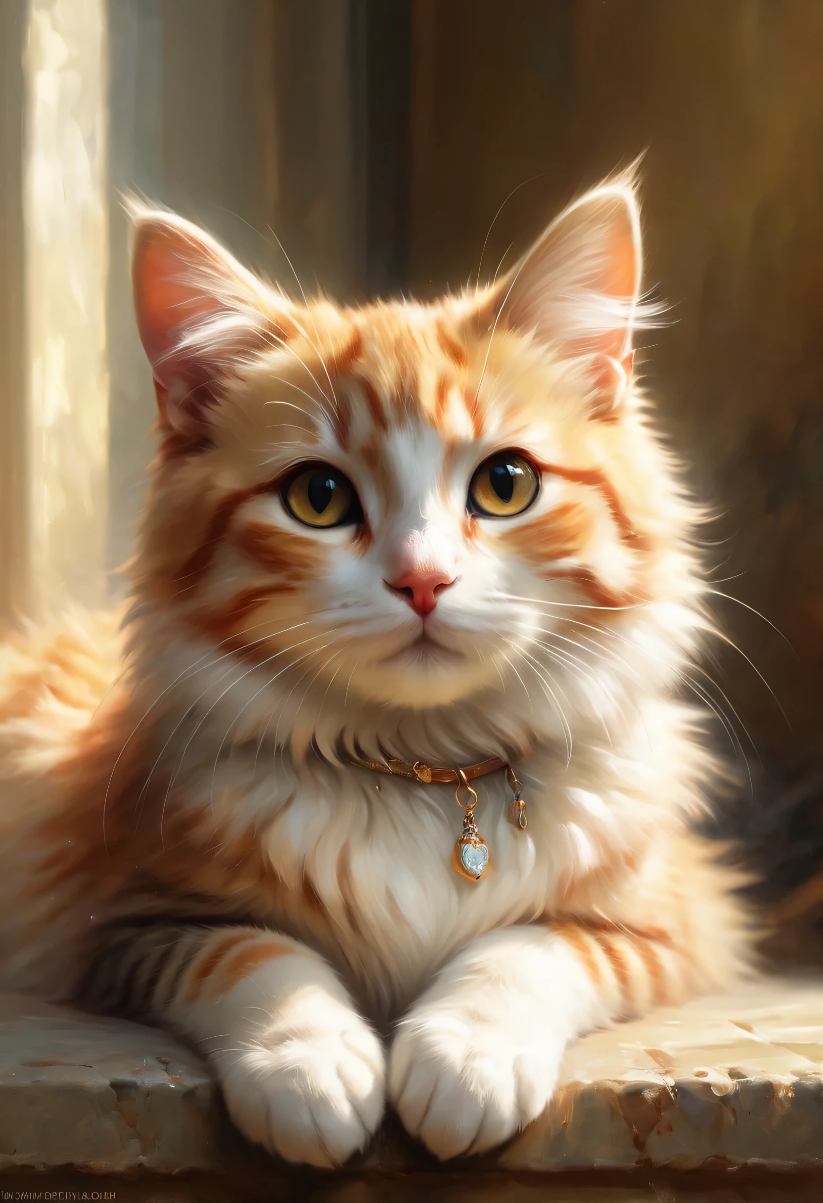 A cute cat greets the viewer, Pierre＝Art by Auguste Renoir and Jeremy Mann, (Viewpoint angle:1.2), Realistic, Ray Tracing, Beautiful lighting,masterpiece