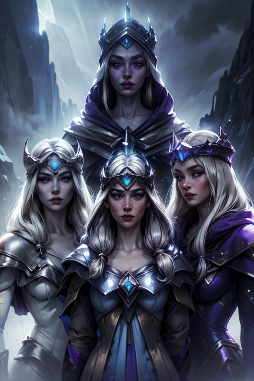 (Triplets)(chest covered)(smile)Gray skin, pale golden hair and violet eyes. They prefer clothing of white and silver with cloaks of deep blue or purple,village background, huge_knockers, ((very precise detailed)), ((highres)