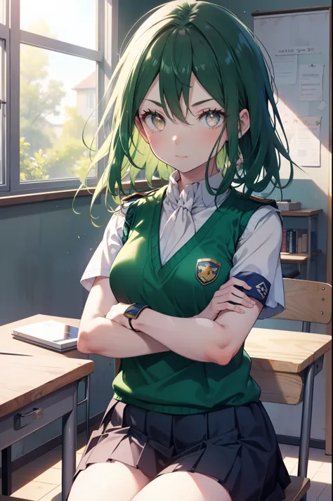 cruschkarsten, crusch karsten, long hair, hair between the eyes, green hair, (brown eyes:1.4),serious,
armband, epaulettes, whit...