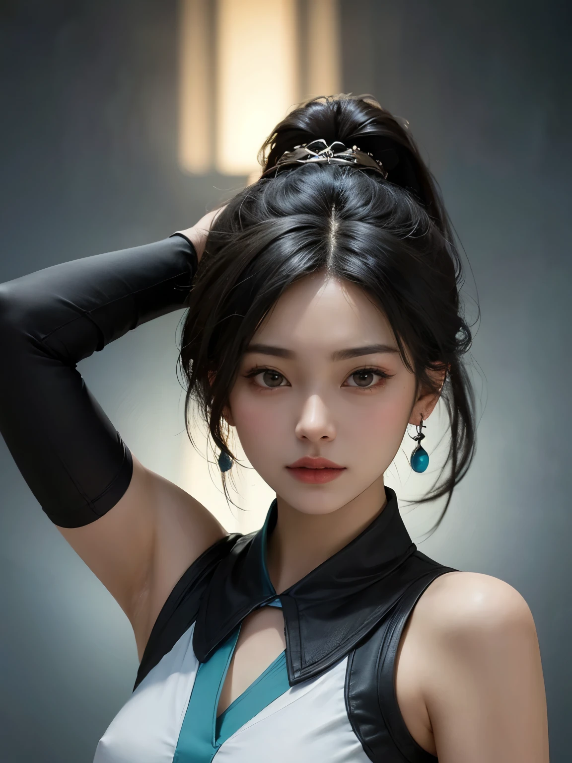 ((best quality)), ((masterpiece)), (detailed), perfect face. Black hair. Ponytail. Asian girl. Black eyes. Nipple. Armpit.