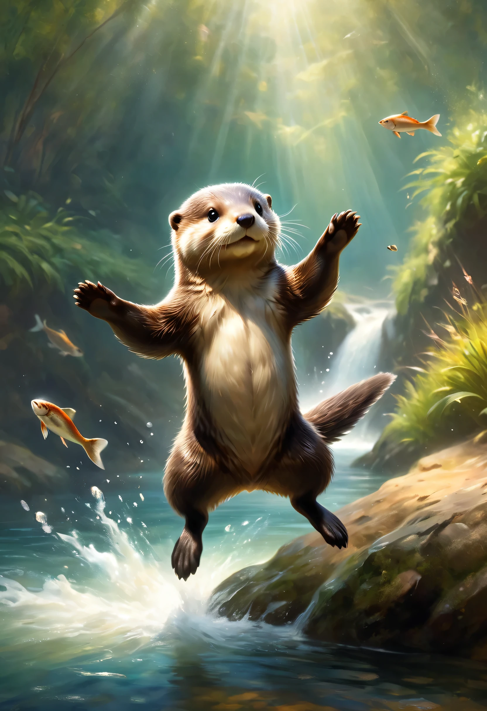 A cute otter greets the viewer, Pierre＝Art by Auguste Renoir and Jeremy Mann, (Viewpoint angle:1.2), Realistic, Ray Tracing, Beautiful lighting,masterpiece,river,Jump,Otter dancing for joy,smile,Raise your hand,Splash,Sparkling,reflection