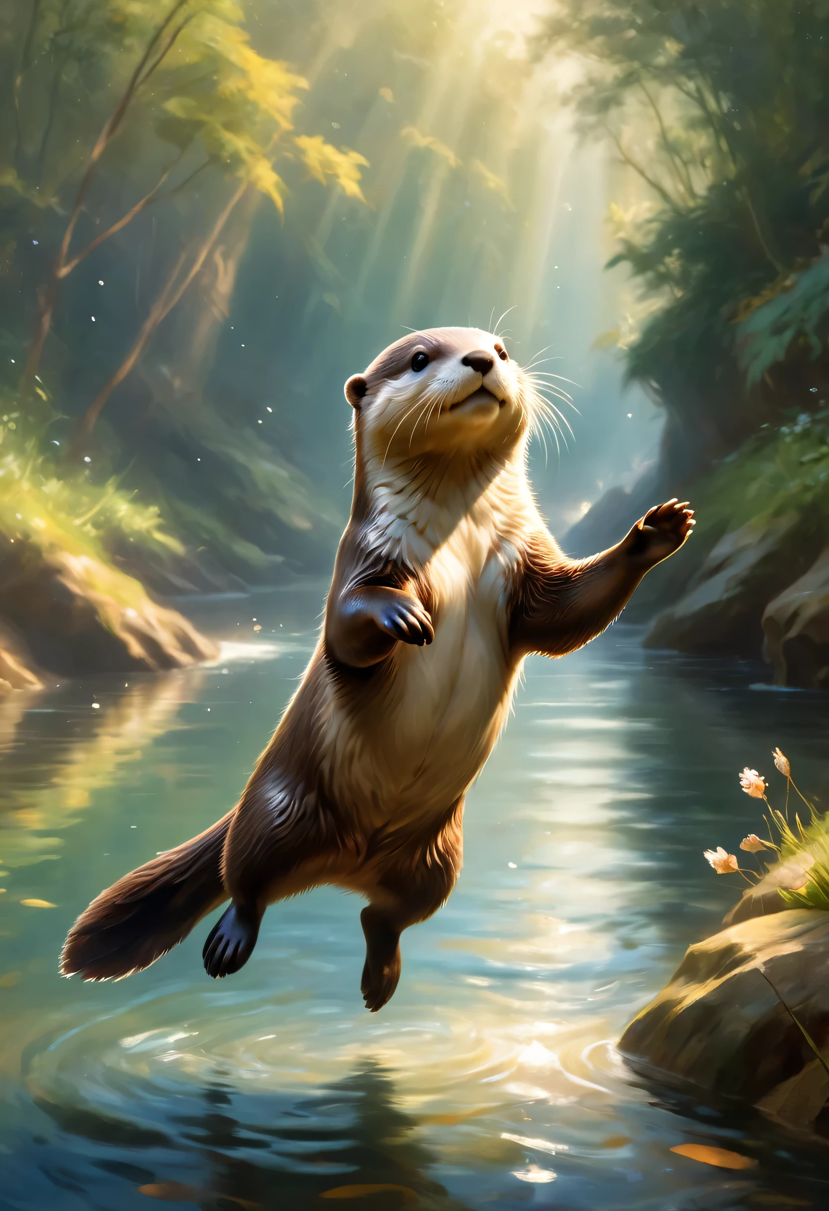 A cute otter greets the viewer, Pierre＝Art by Auguste Renoir and Jeremy Mann, (Viewpoint angle:1.2), Realistic, Ray Tracing, Beautiful lighting,masterpiece,river,Jump,Otter dancing for joy,smile,Raise your hand,Splash,Sparkling,reflection