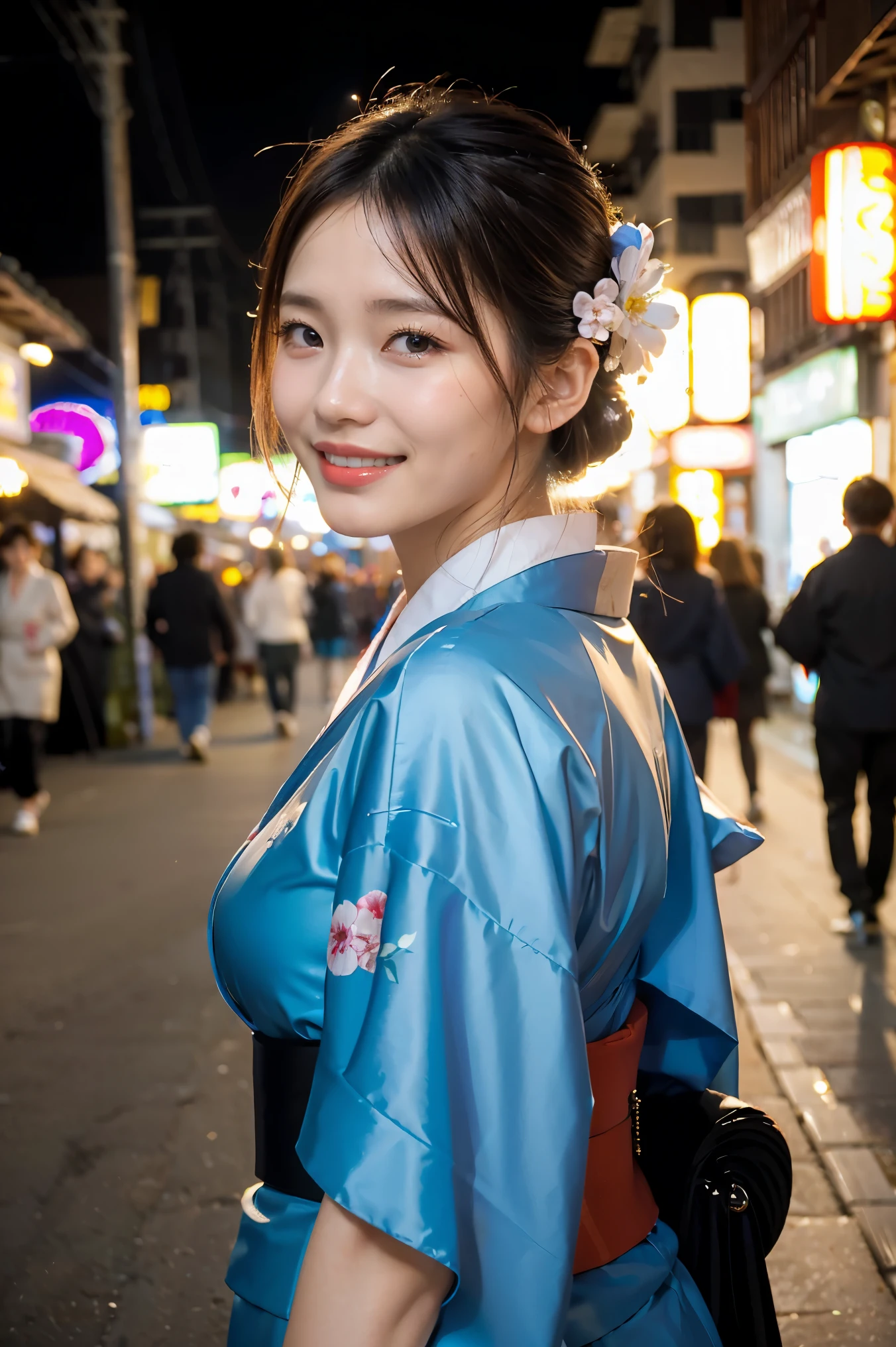 (((top quality, 8k, masterpiece))), crisp focus, (beautiful woman with perfect figure), slender, (hairstyle: up)), ((kimono: Kara)), street: 1.2 Highly detailed face and skin texture Detailed eyes Double eyelids random posture, (smile),super cute Japan person,super beauty Japanese girl, realistic face, double eyelid,smile,summer festival , at sunset ,fire-works back-ground.