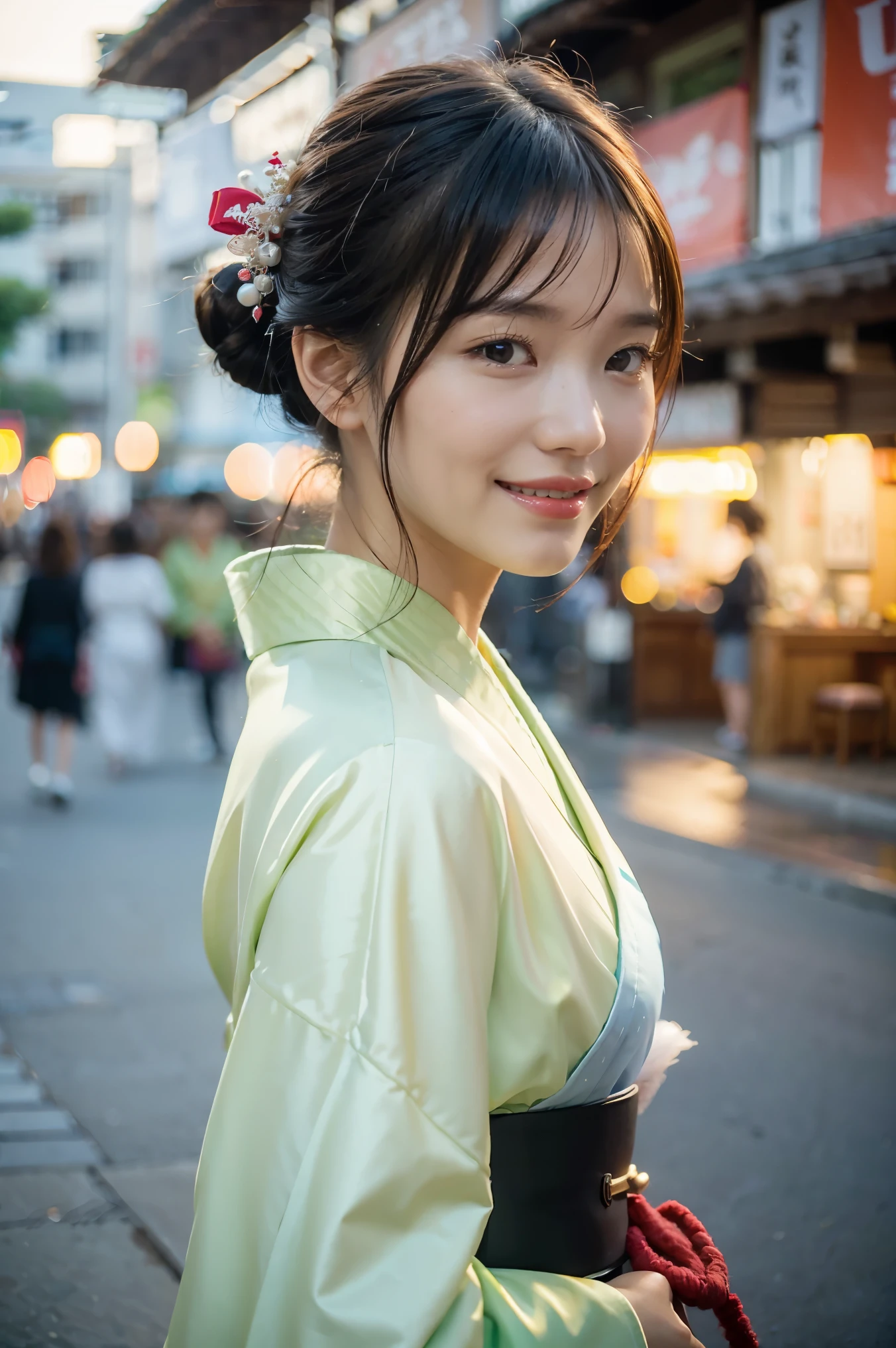 (((top quality, 8k, masterpiece))), crisp focus, (beautiful woman with perfect figure), slender, (hairstyle: up)), ((kimono: Kara)), street: 1.2 Highly detailed face and skin texture Detailed eyes Double eyelids random posture, (smile),super cute Japan person,super beauty Japanese girl, realistic face, double eyelid,smile,summer festival , at sunset ,fire-works back-ground.